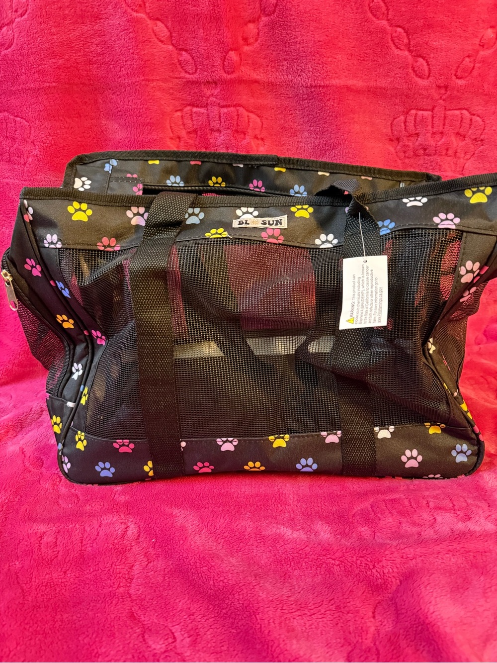 Black Pet Carrier Tote with Multicolor Paw Prints